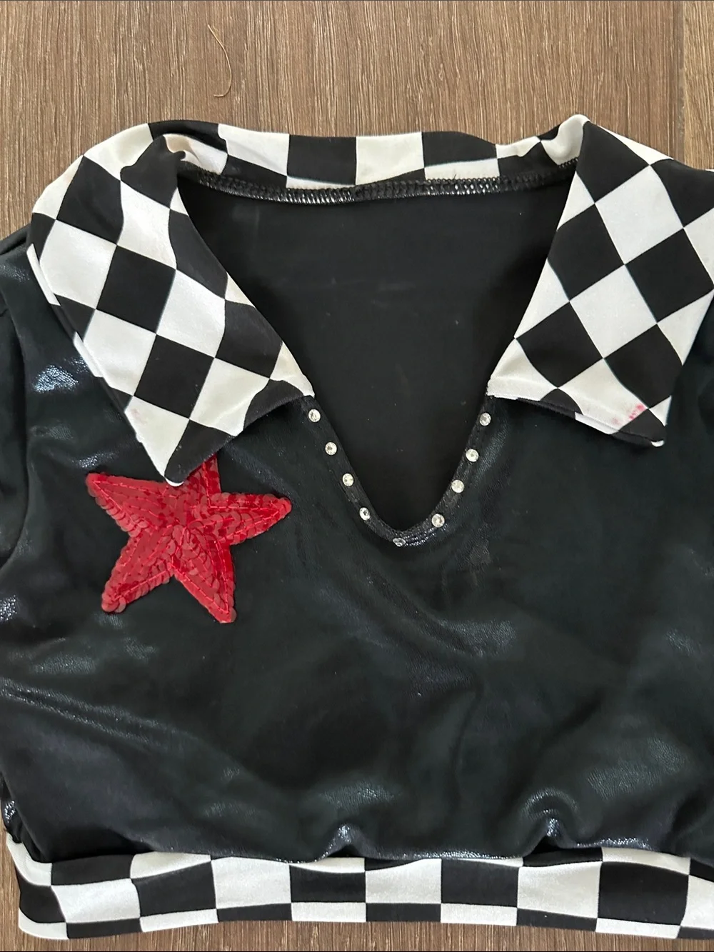Pumpers Black & White Checkered Kids dance/jazz  outfit with Red Star Accent.